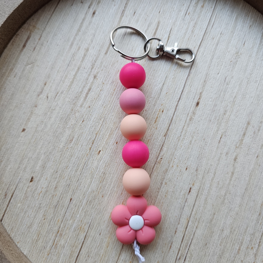 Pink and Peach Beaded Keychain with Flower Charm